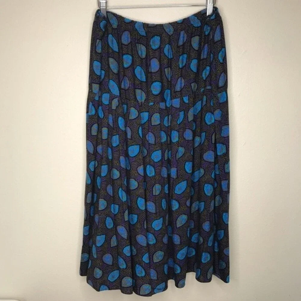 Vintage Queens Plaza Rayon Elastic Waist Drop Yoke Blue Women Midi Skirt Size 20